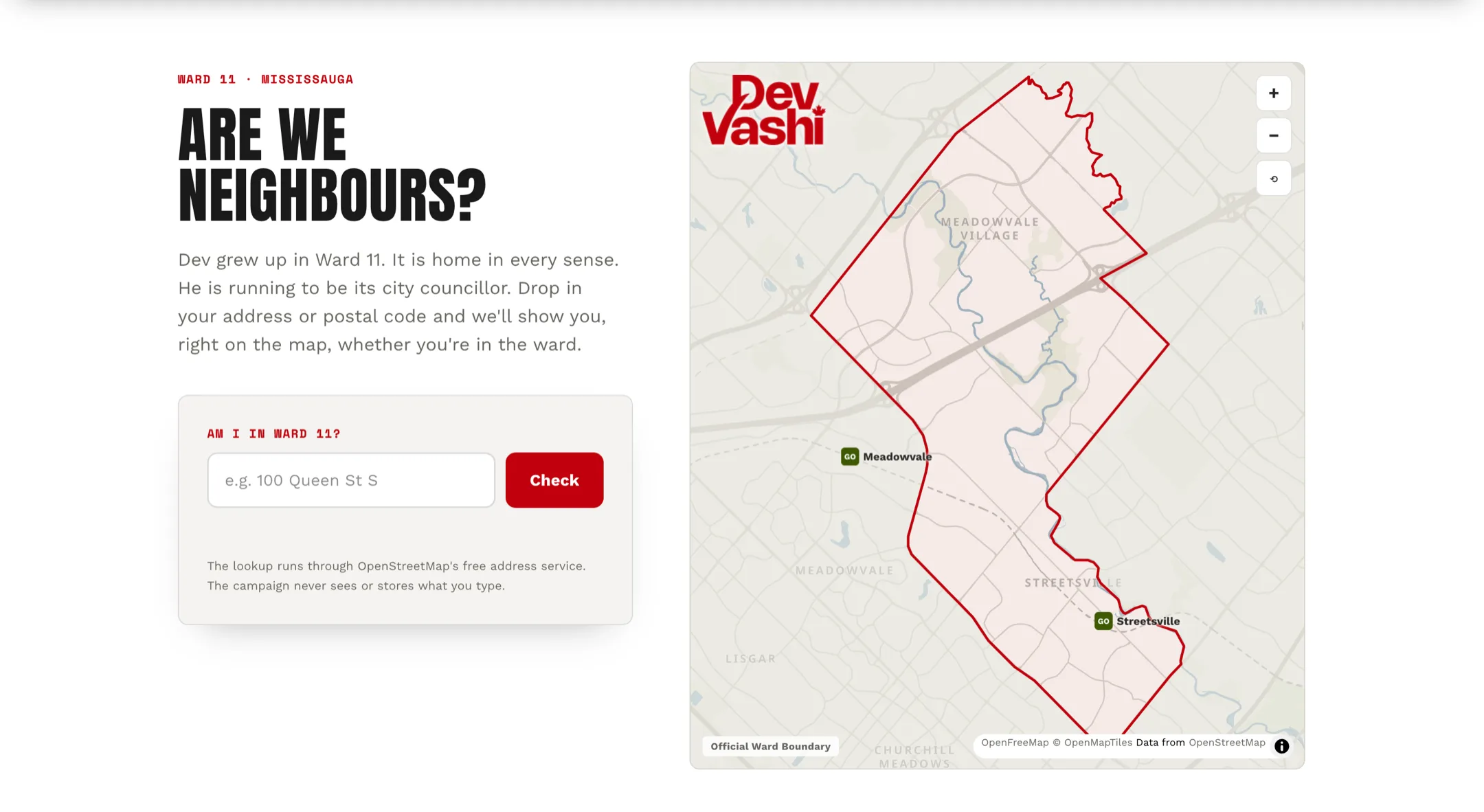 Are we neighbours section on devvashi.ca with an interactive Ward 11 boundary map and address checker