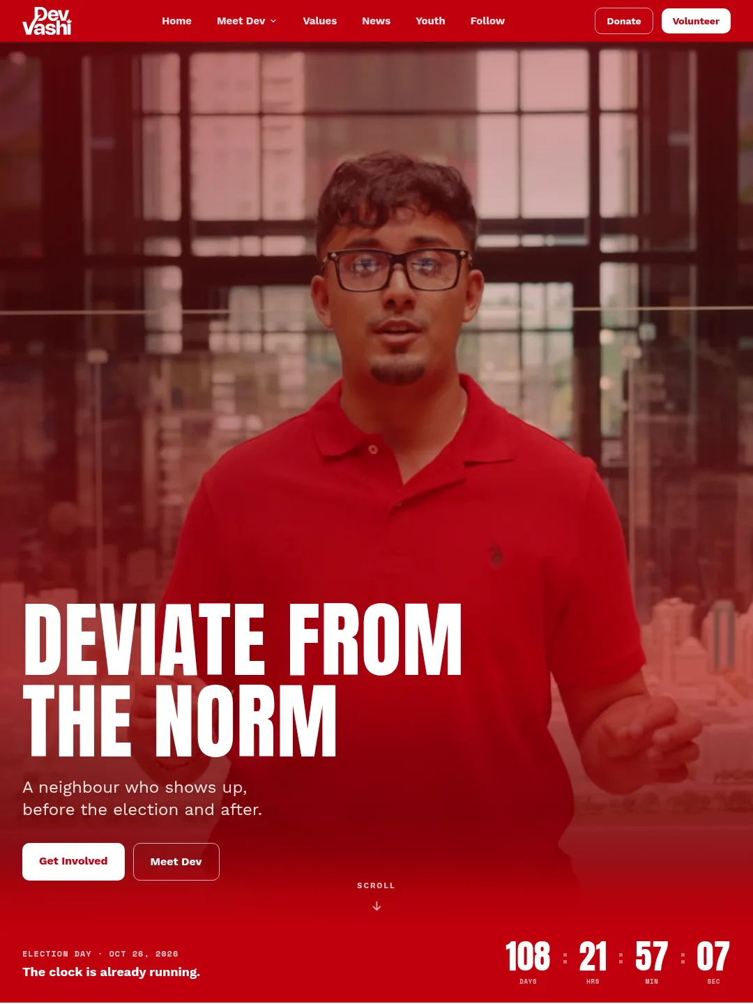 Dev Vashi campaign website hero with Deviate from the Norm headline and election countdown