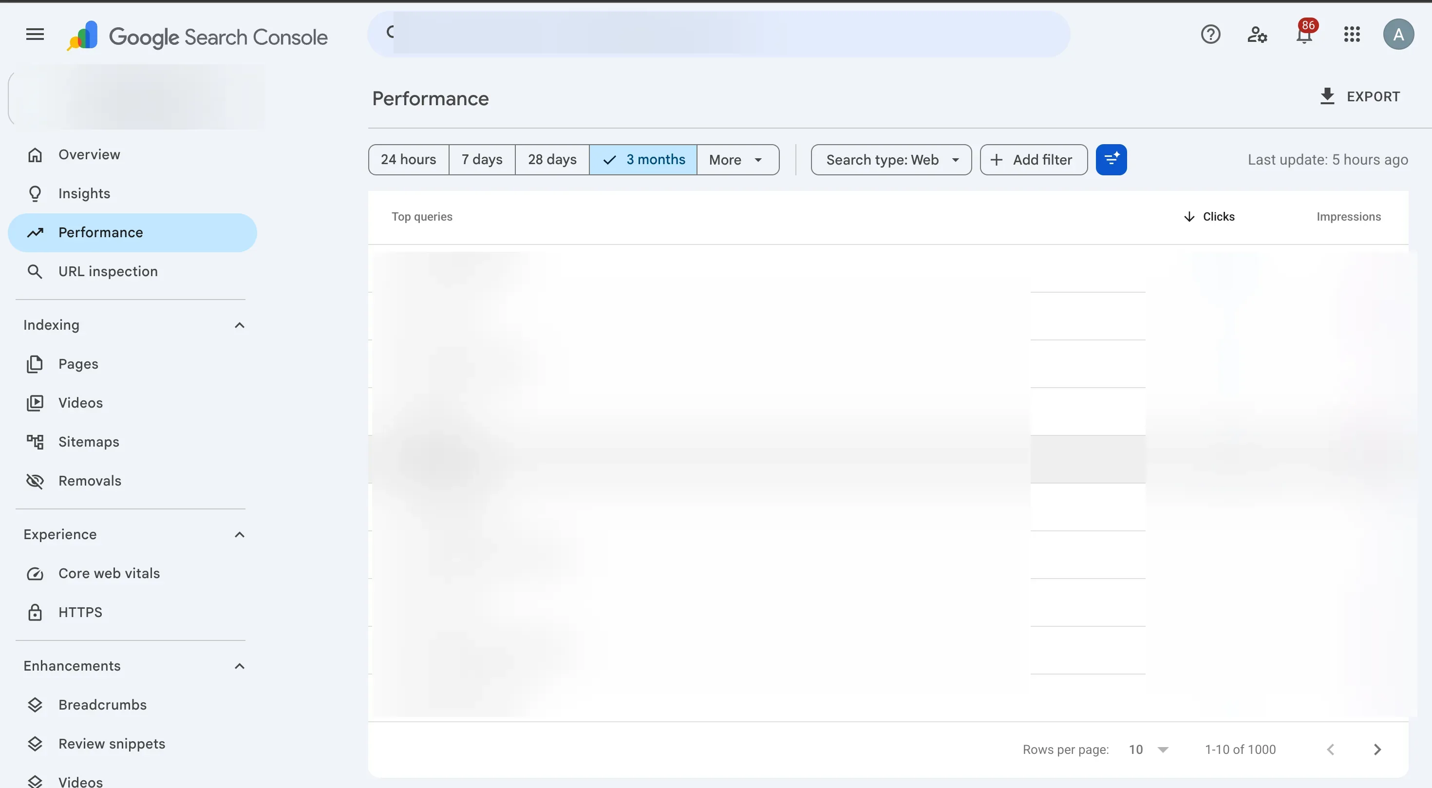 Search Console top queries report for a client site ranking for 1,000 queries, with account and query details blurred