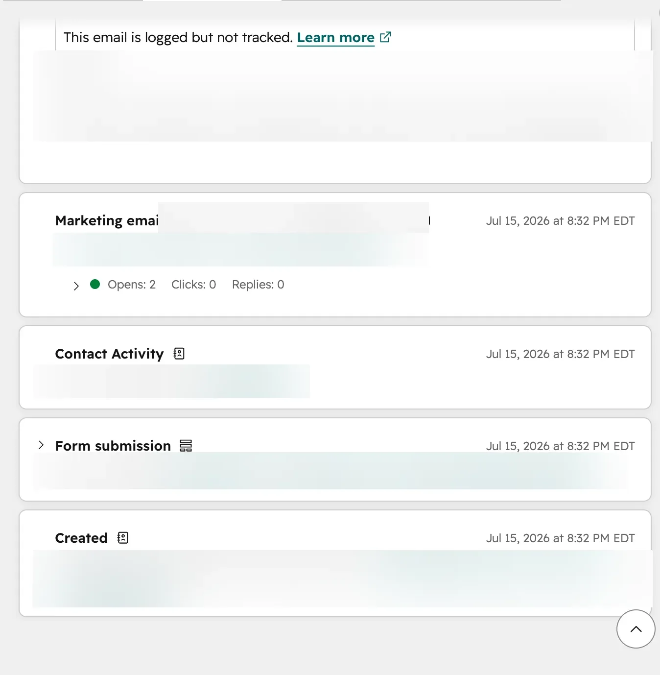 HubSpot activity timeline for one World Food Equipment lead: form submission, contact created, moved to Lead and the agent's reply email, all timestamped within the same minute, with the lead's details blurred