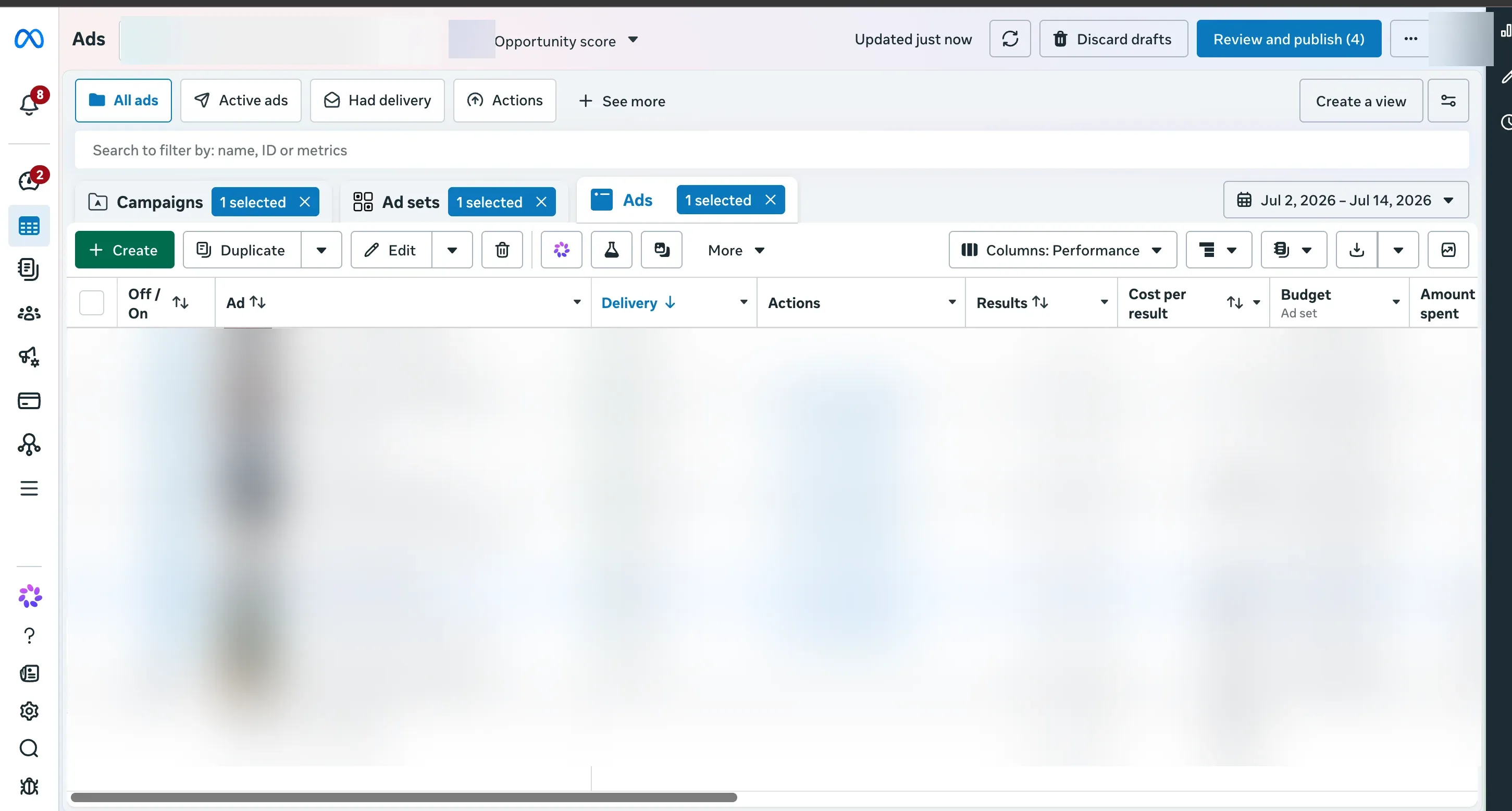 Meta Ads Manager lead campaign run by Built to Rank with 20 active ads, account, ad names and results blurred