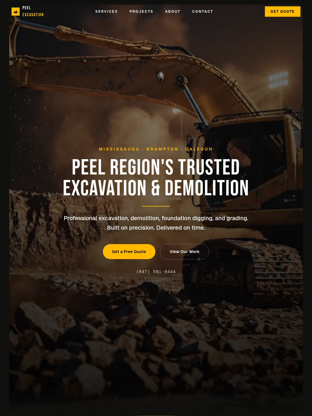 Peel Excavation Services website, a custom build for a Peel Region excavation contractor
