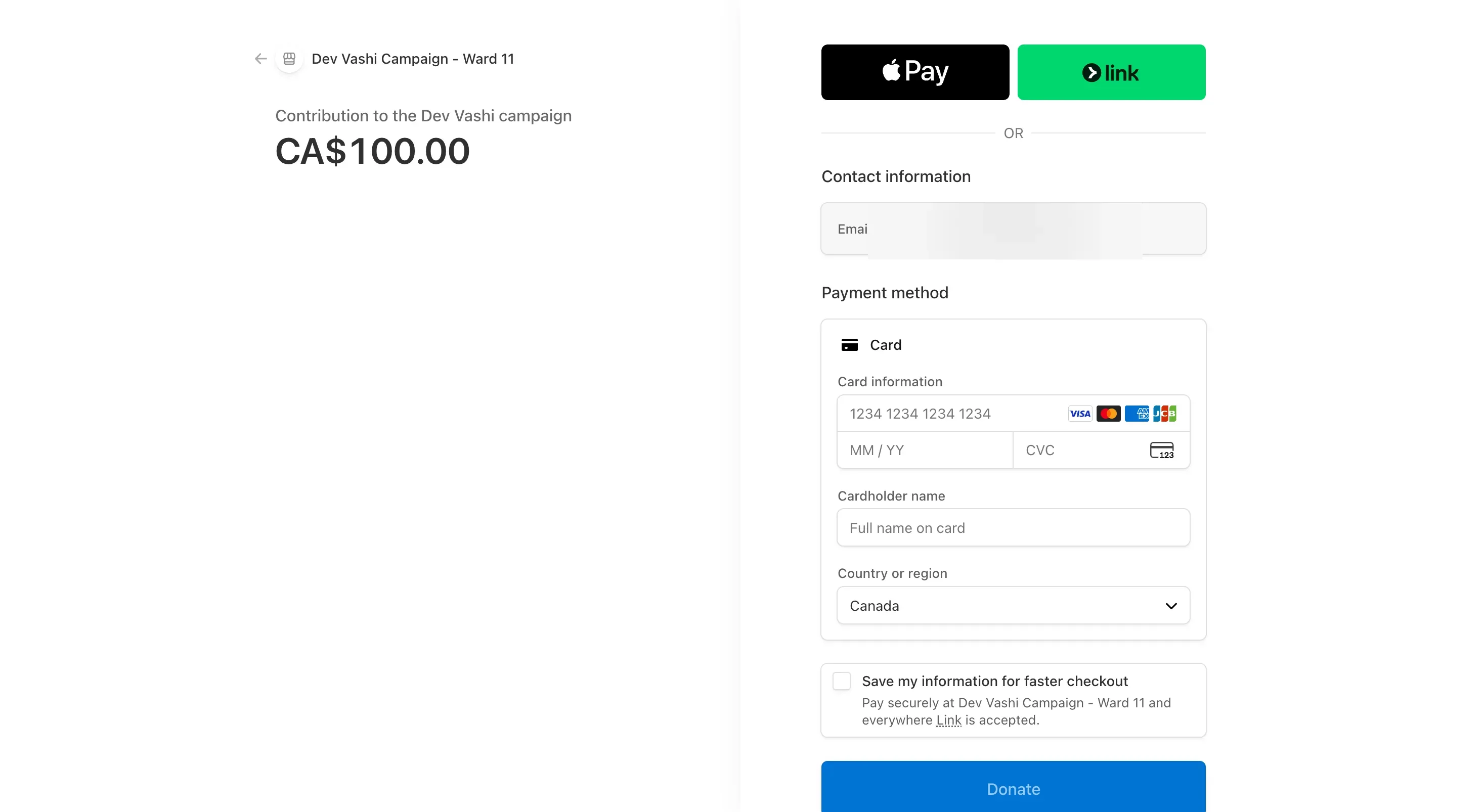 Stripe checkout for a Dev Vashi campaign contribution with Apple Pay, Link and card options, contact details blurred
