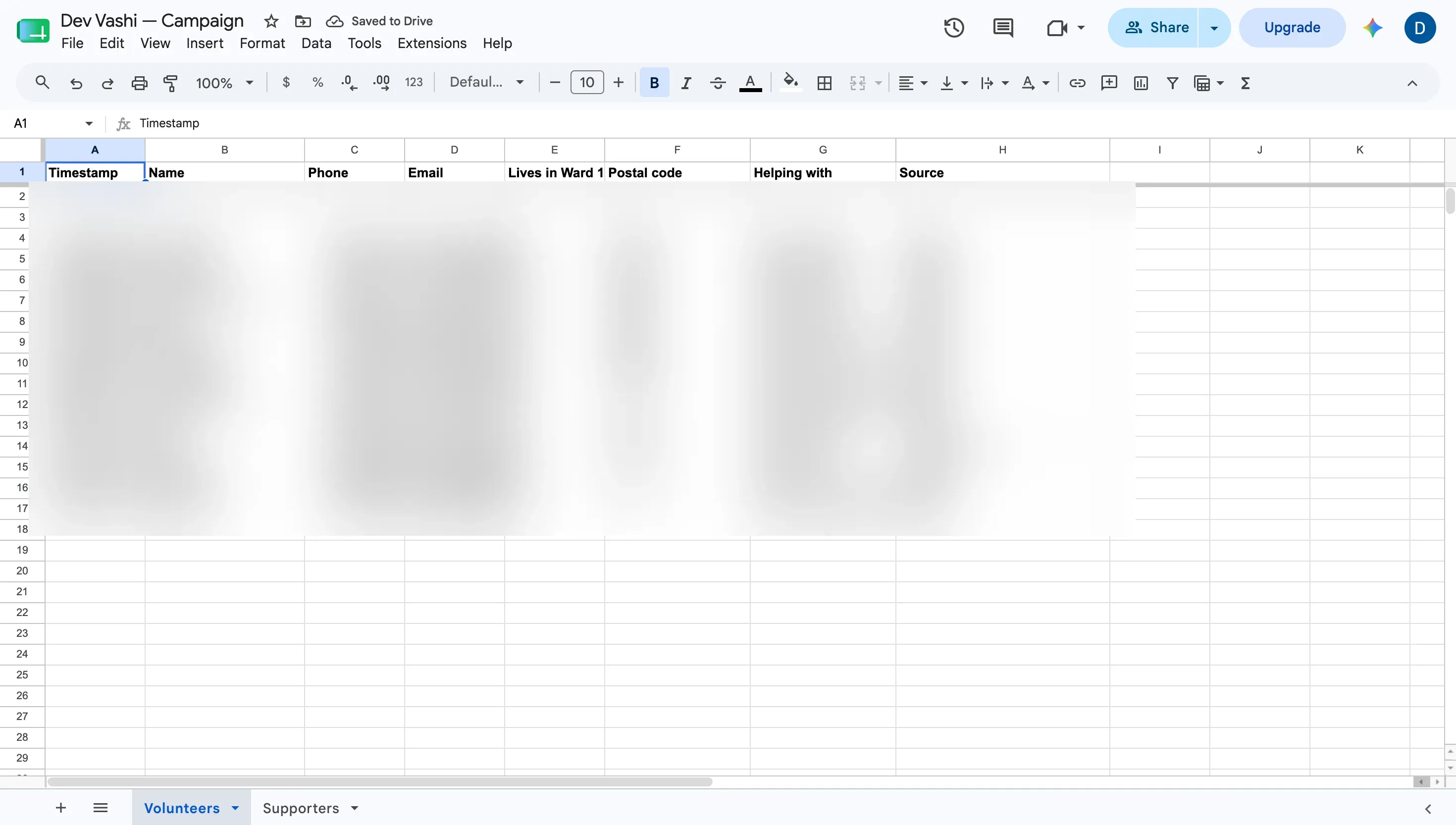 Google Sheet receiving devvashi.ca volunteer signups through Google Apps Script, with every volunteer's details blurred for privacy
