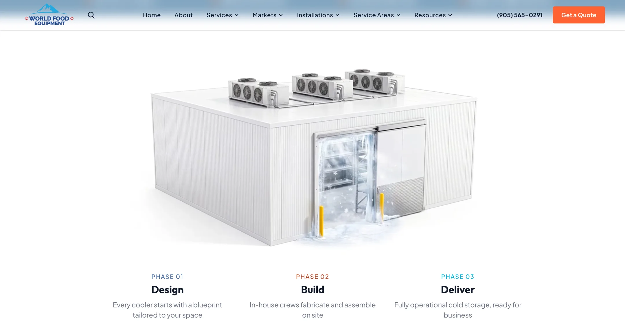 Animated 3D walk-in cooler on the World Food Equipment homepage, stepping through the design, build and deliver phases