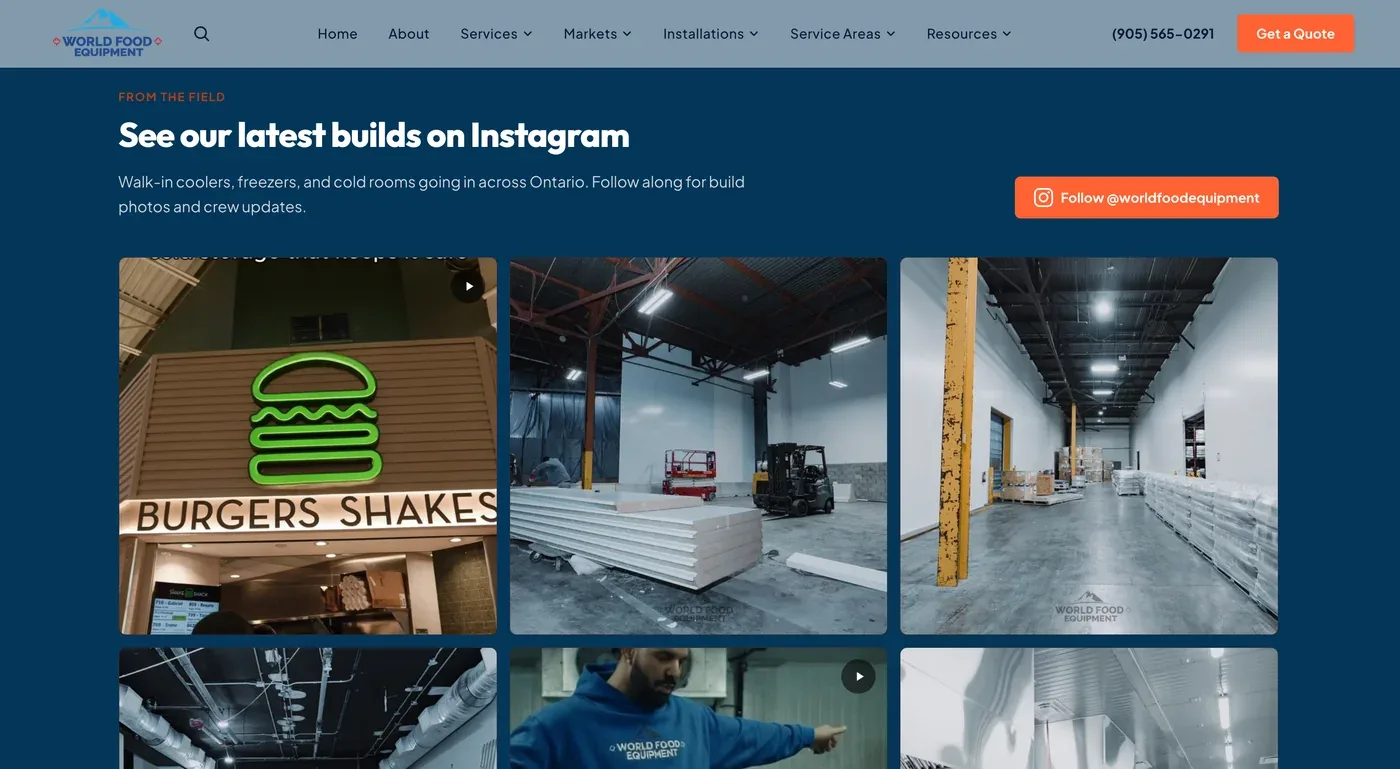 See our latest builds on Instagram section on worldfoodequipment.com, auto-pulling the company's newest installation posts into a live grid