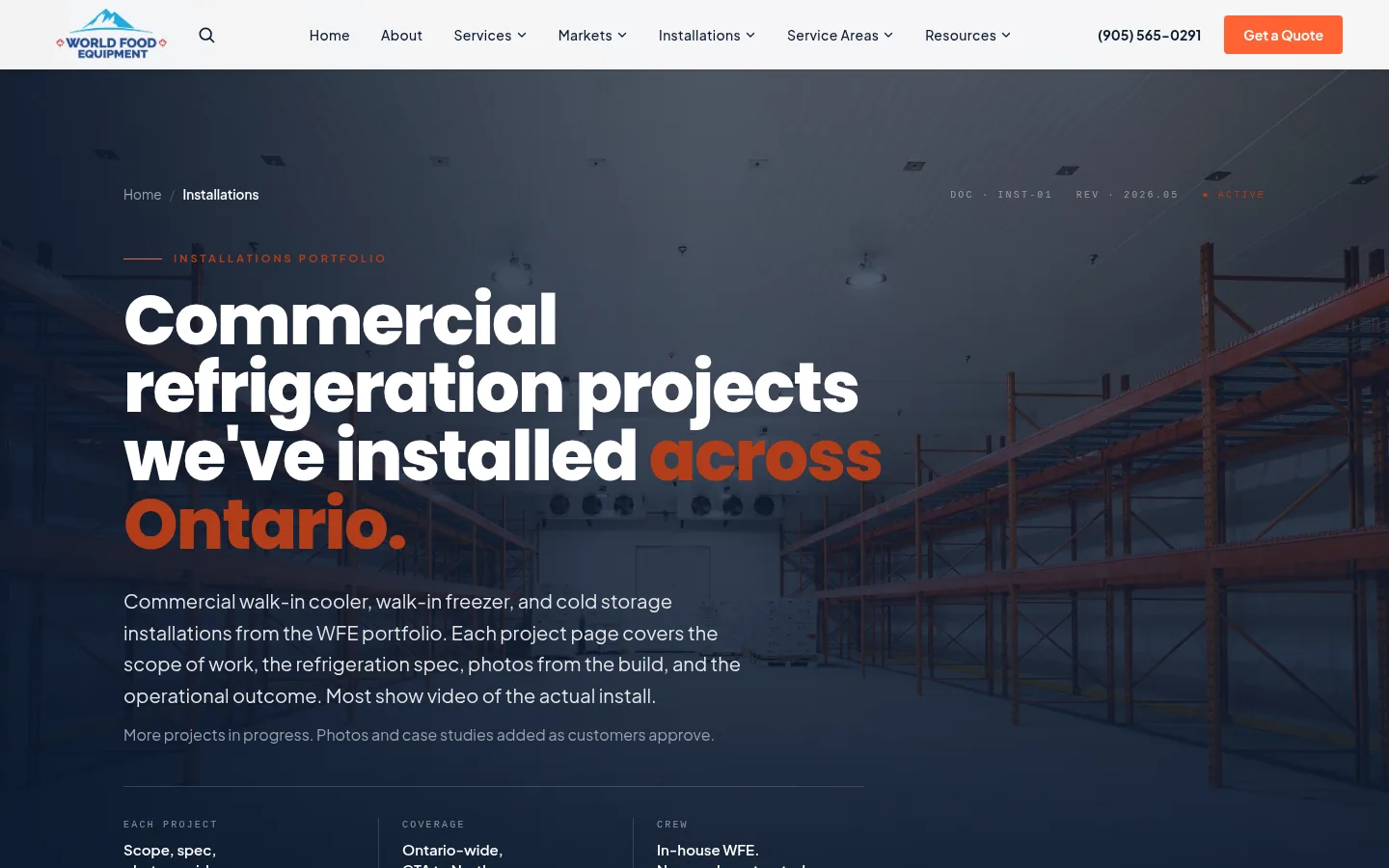 World Food Equipment installations page listing real commercial refrigeration projects across Ontario