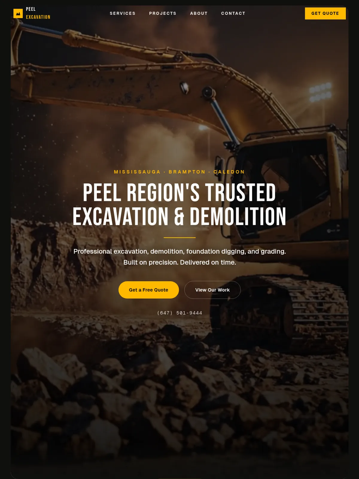 The Peel Excavation Services website homepage, a construction company site built to generate calls
