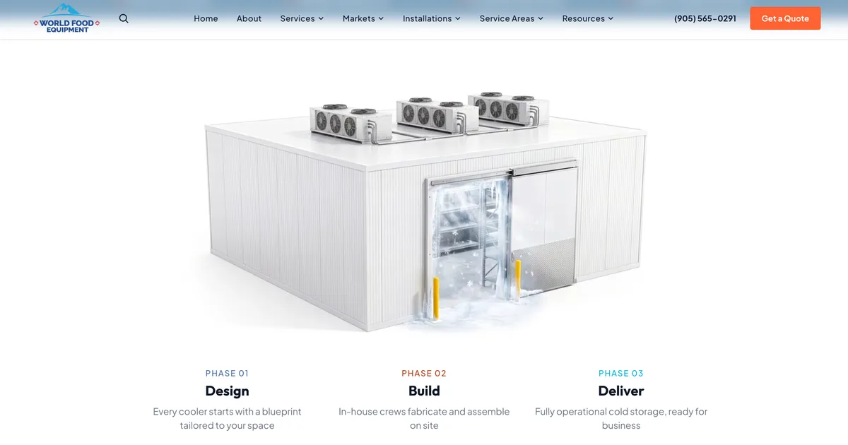 The animated 3D walk-in cooler on the World Food Equipment homepage, part of a real client build