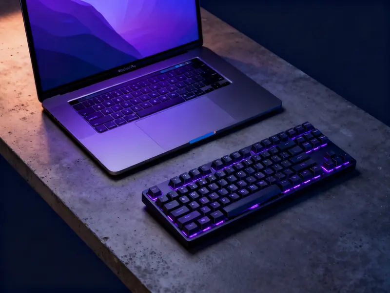 Developer workspace with MacBook Pro and mechanical keyboard — custom website development