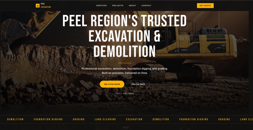 Peel Excavation Services website — custom Next.js site built for a Brampton excavation contractor